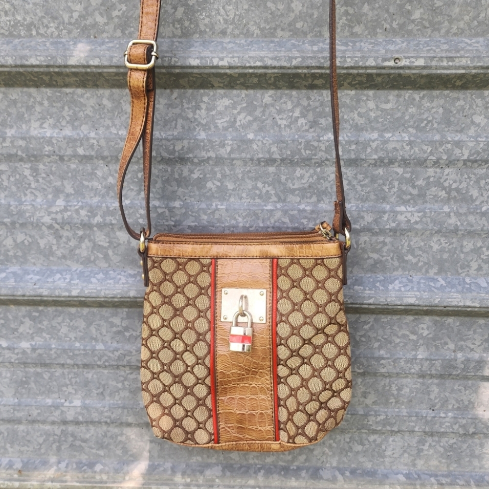 Nine West Crossbody Bag Leather & Cloth With Attached Design Lock